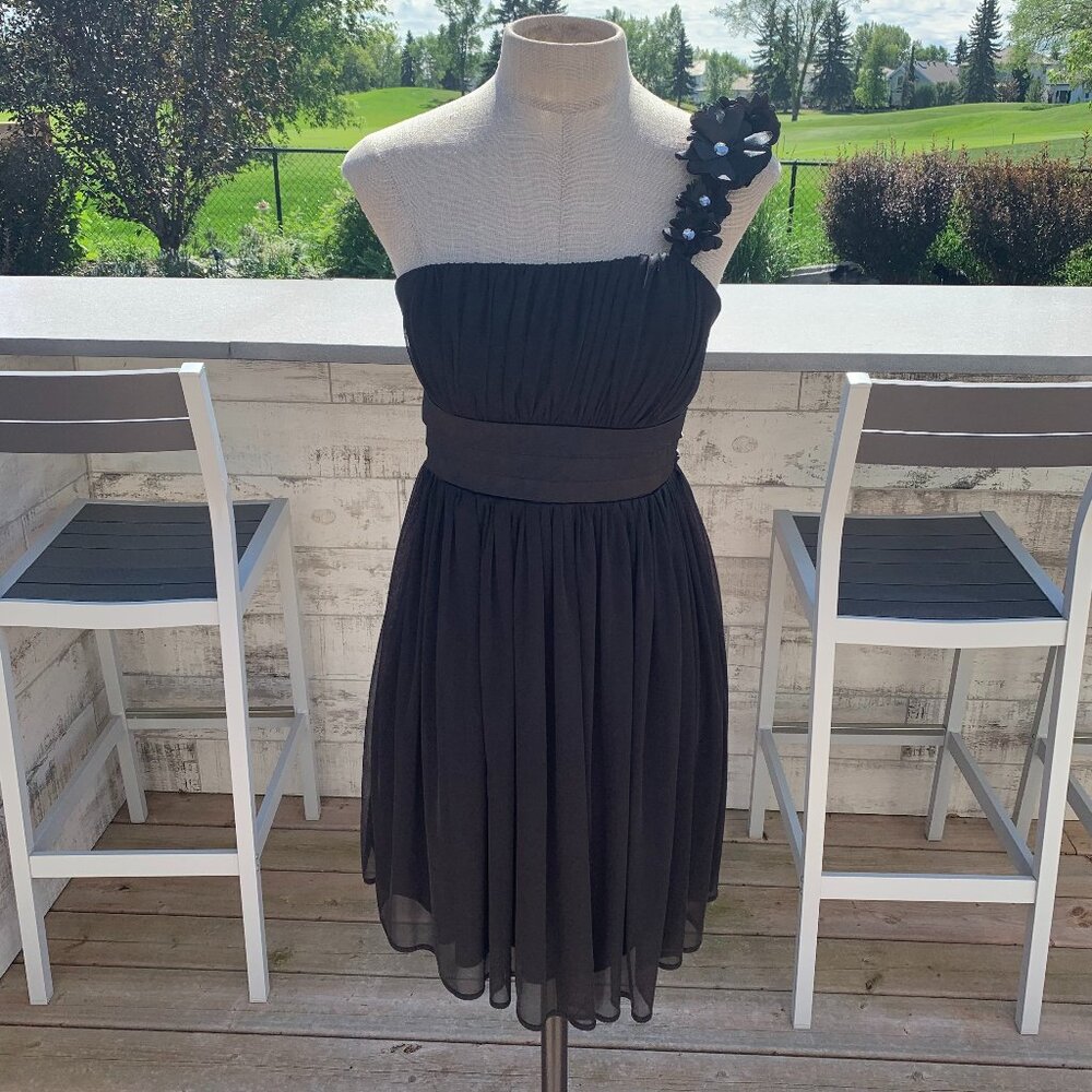 Sequin Hearts Sheer Chiffon Babydoll Short One Shoulder Sleeveless Dress